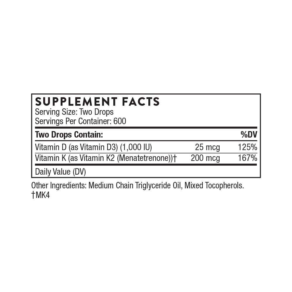 Thorne Vitamin D + K2 Liquid supplement facts