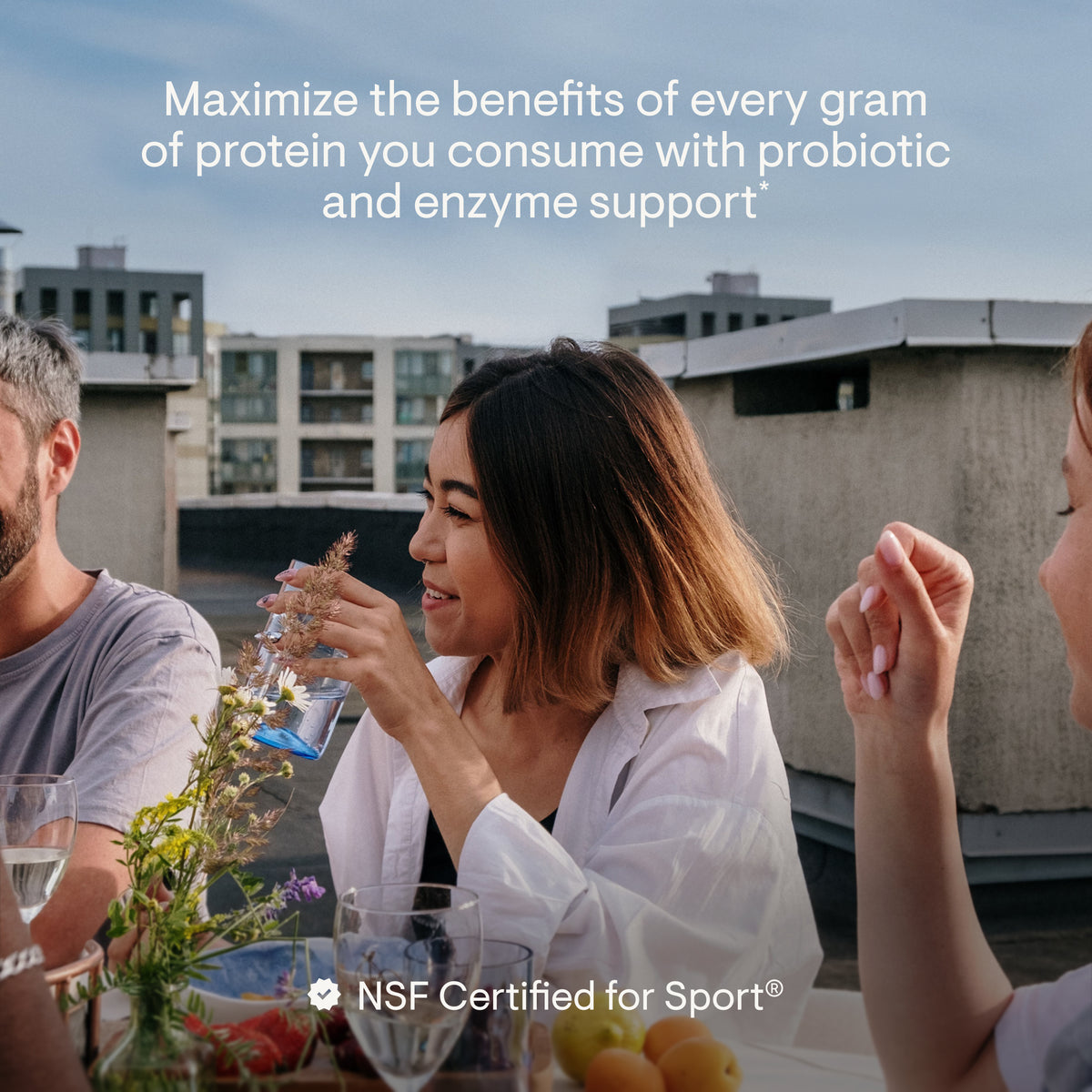 People sharing an outdoor meal in a Protein Optimizer lifestyle graphic