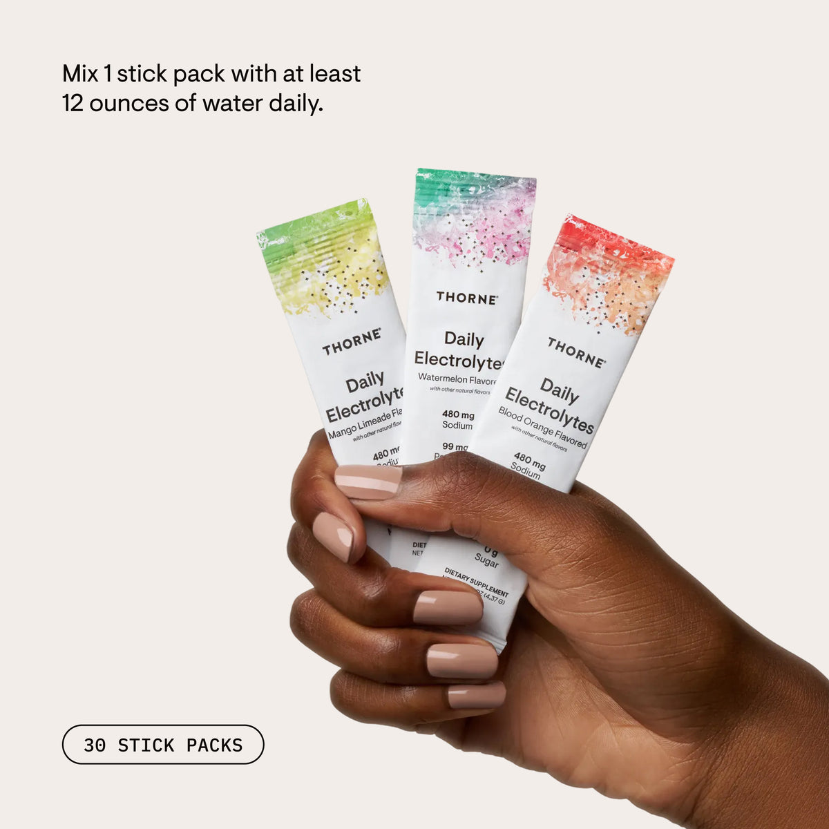 Hand holding Daily Electrolytes packets beside mixing instructions