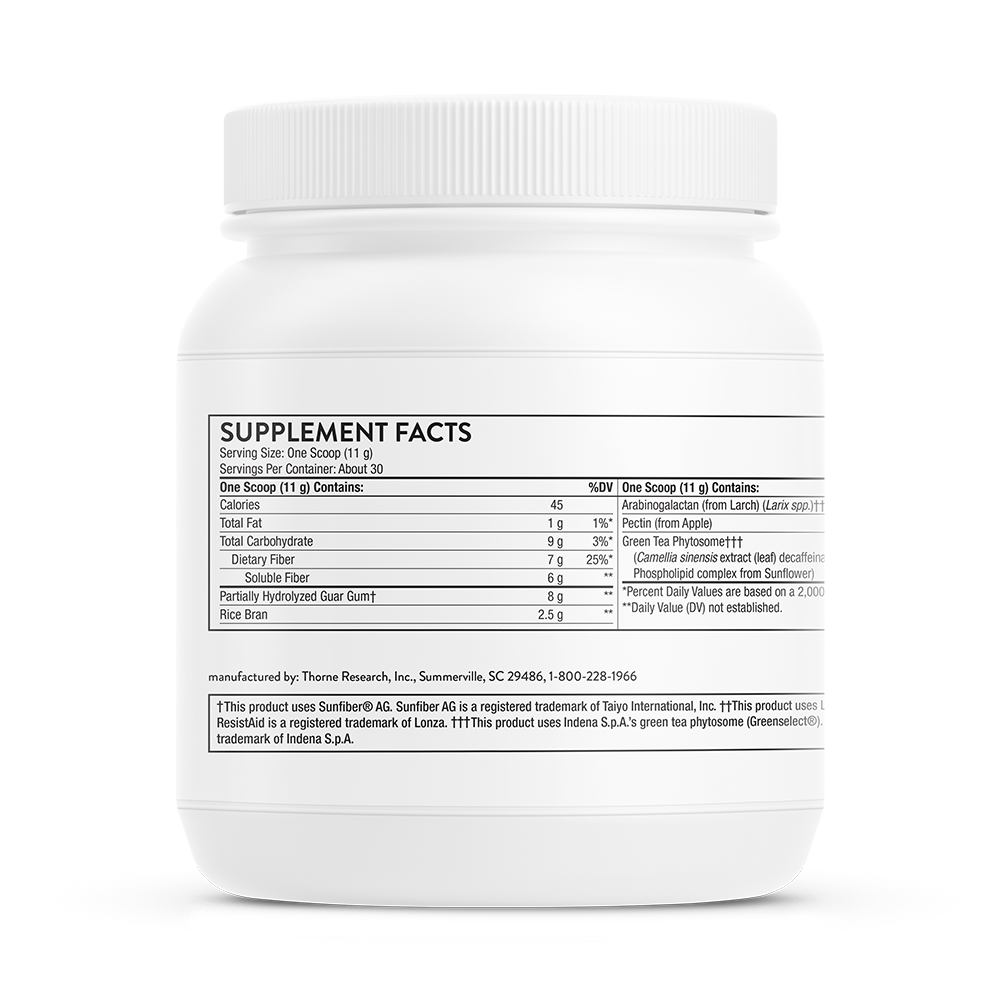 Thorne FiberMend tub, back label with supplement facts