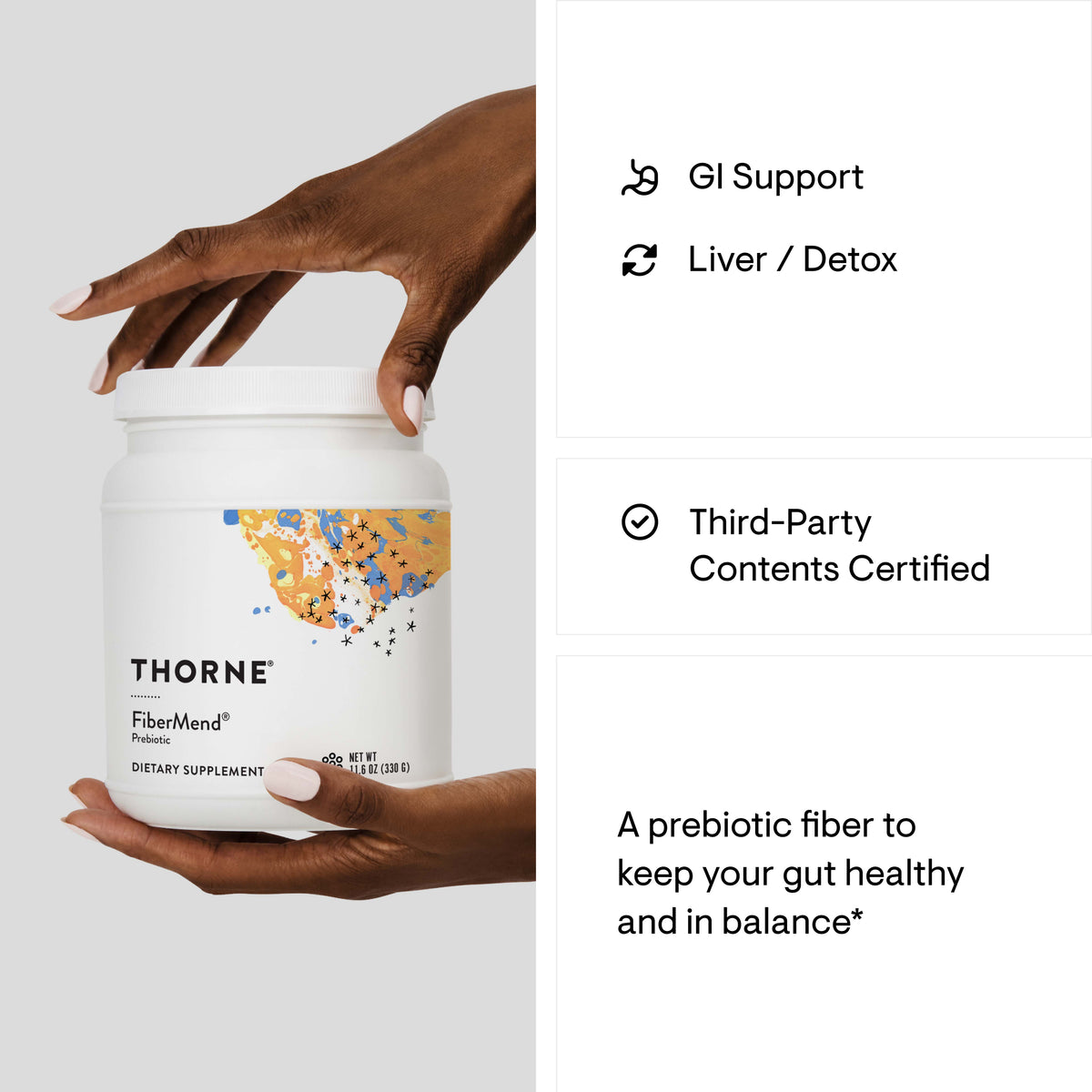 Person holding Thorne FiberMend beside a product information graphic