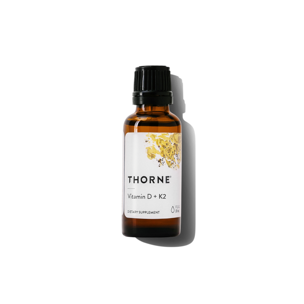 Thorne Vitamin D + K2 Liquid bottle on a white background