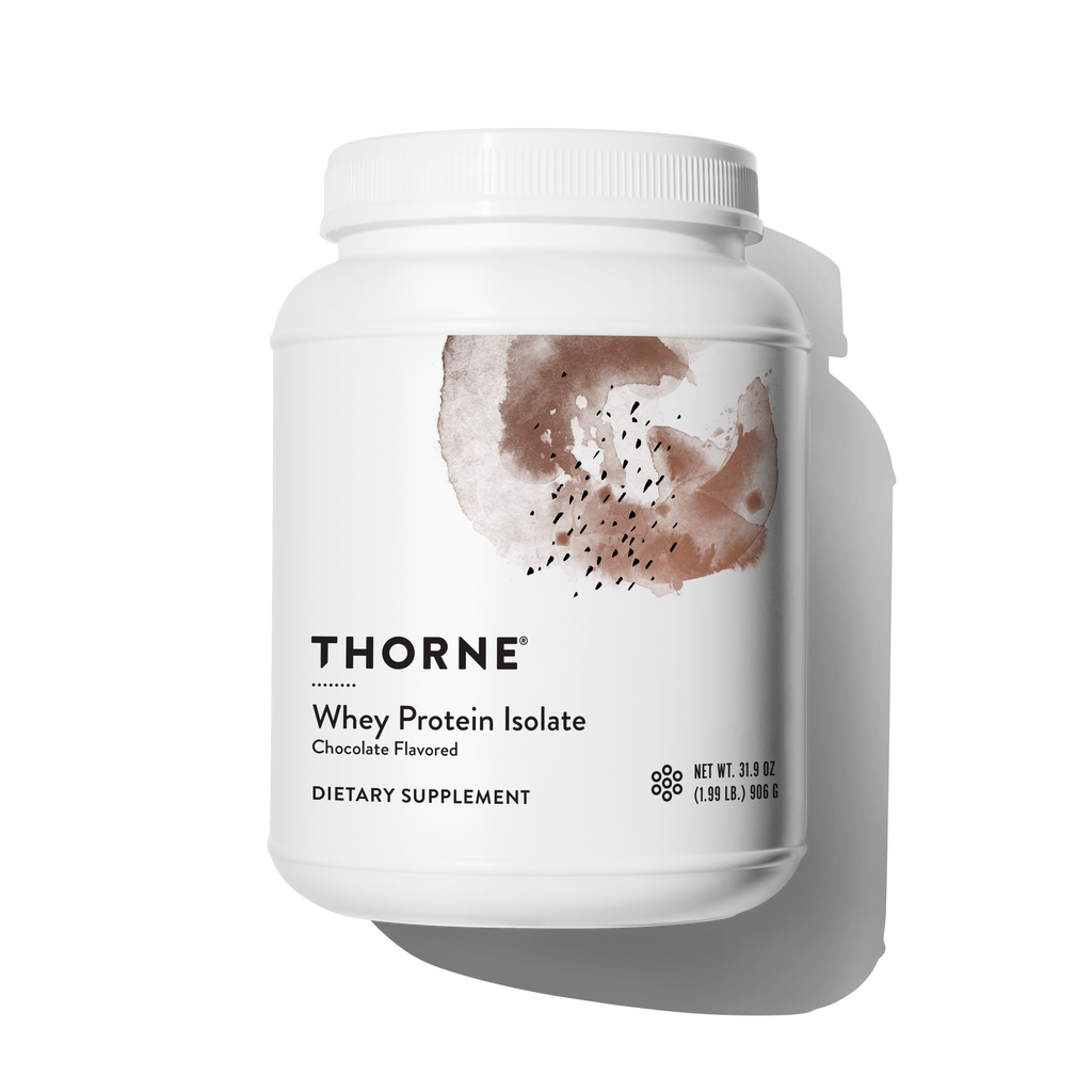 Thorne chocolate Whey Protein Isolate tub laid flat