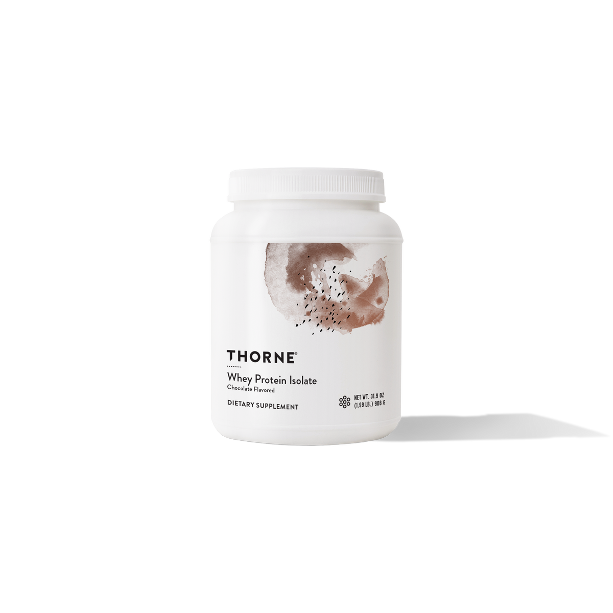 Thorne chocolate Whey Protein Isolate tub standing upright