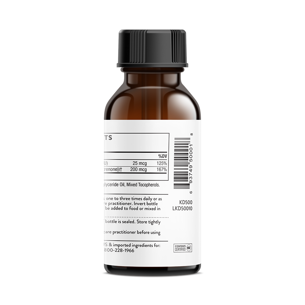 Thorne Vitamin D + K2 Liquid bottle, side label