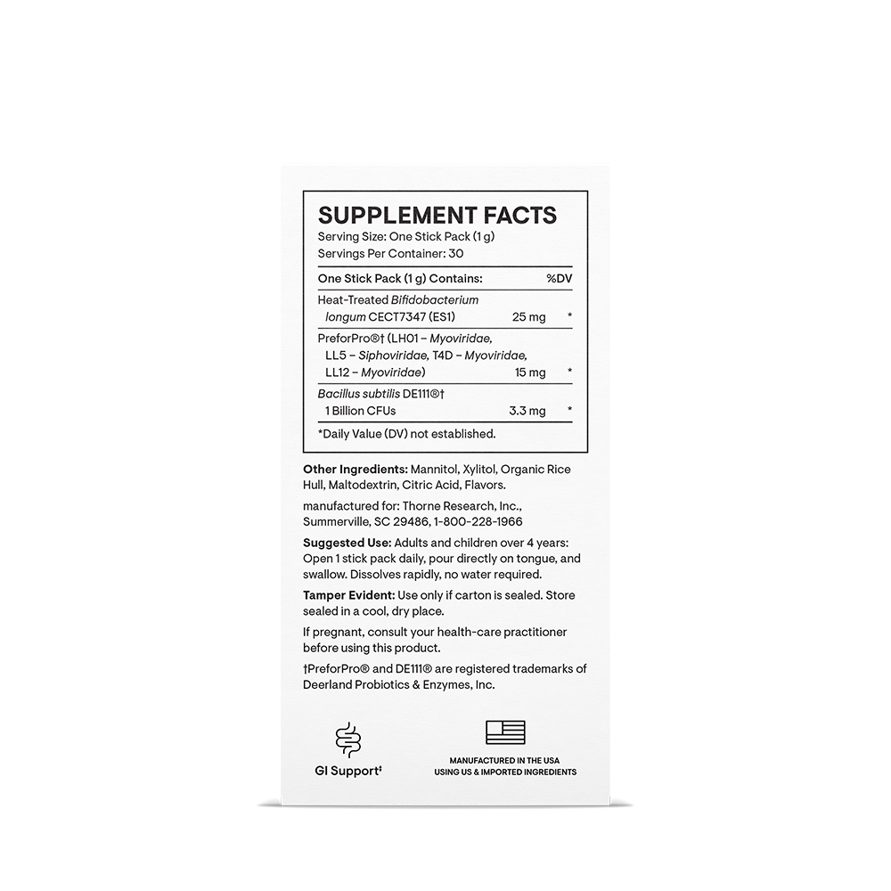 Thorne Complete Biotic carton, side panel with supplement facts
