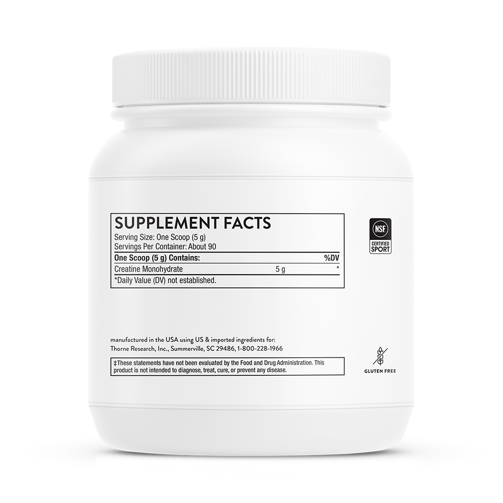 Thorne Creatine tub, back label with supplement facts