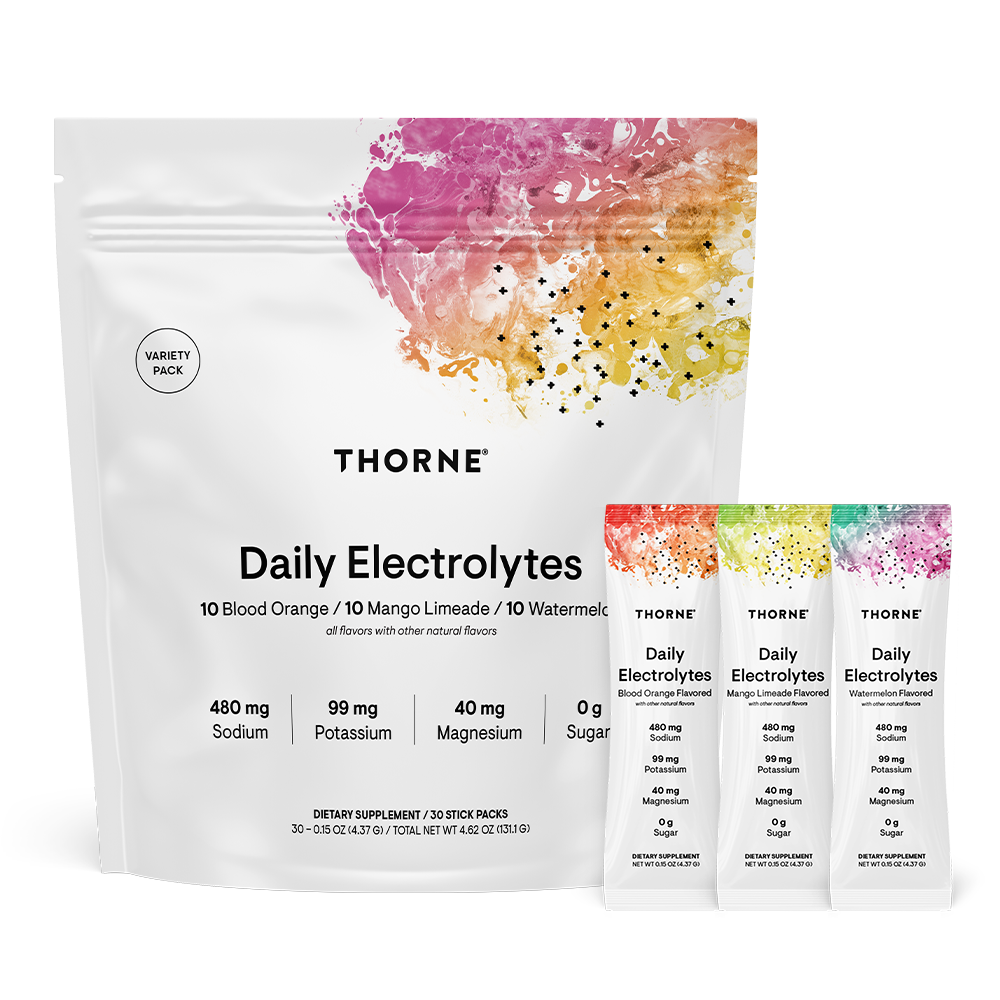 Thorne Daily Electrolytes variety pack pouch and three stick packs