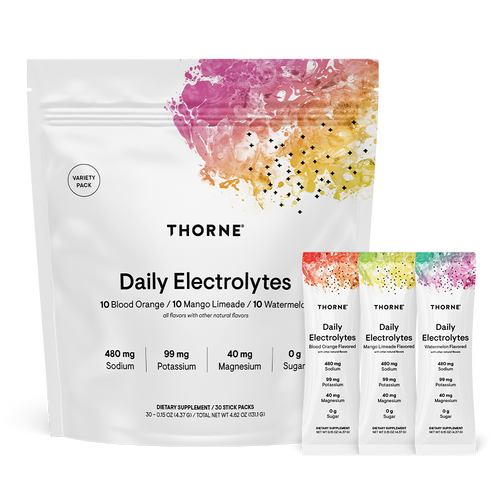 Thorne Daily Electrolytes variety pack pouch and three stick packs