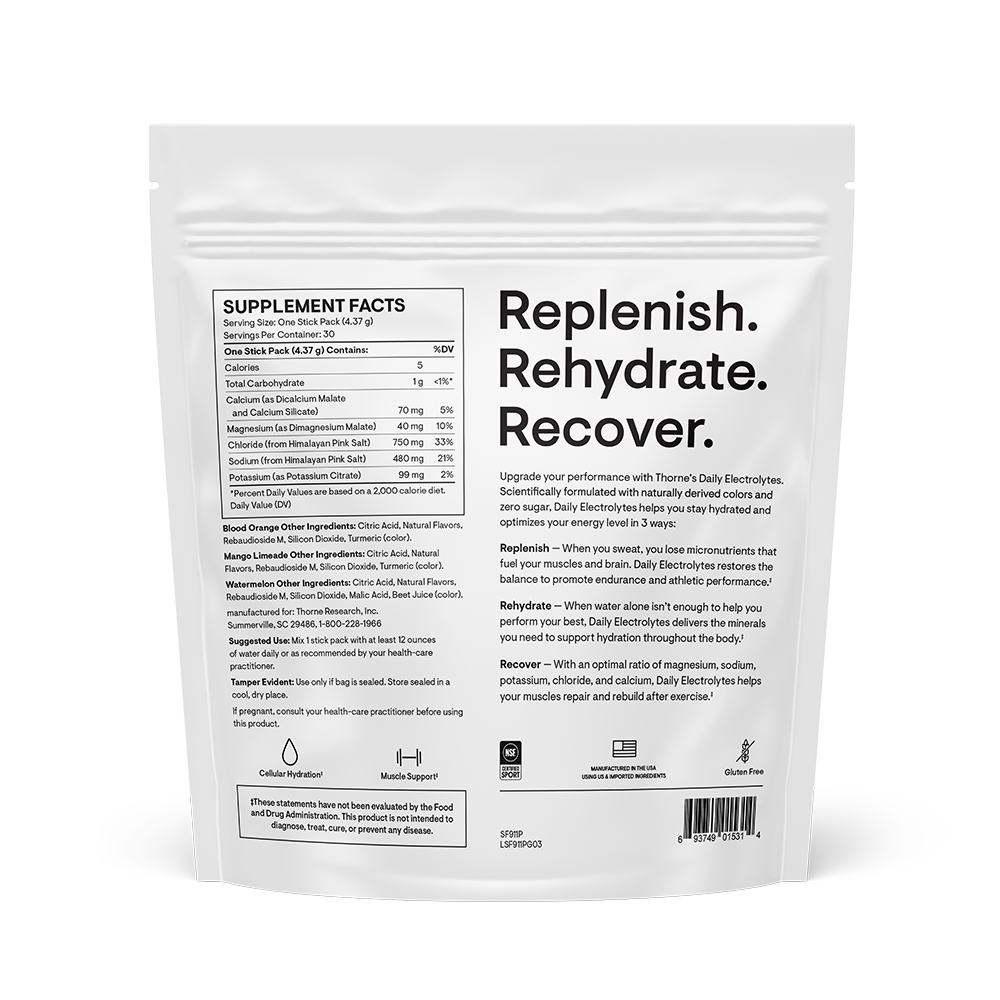 Thorne Daily Electrolytes pouch, back panel with supplement facts