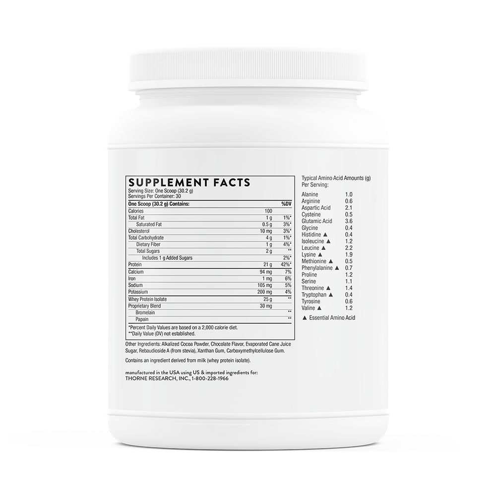 Thorne chocolate Whey Protein Isolate tub, back label
