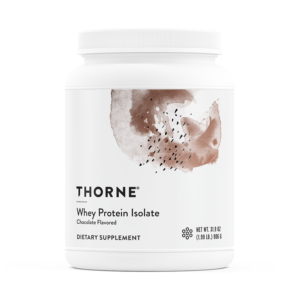 Thorne Whey Protein Isolate chocolate tub, front label