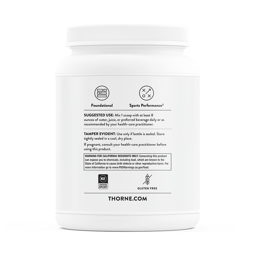 Thorne chocolate Whey Protein Isolate tub, side label