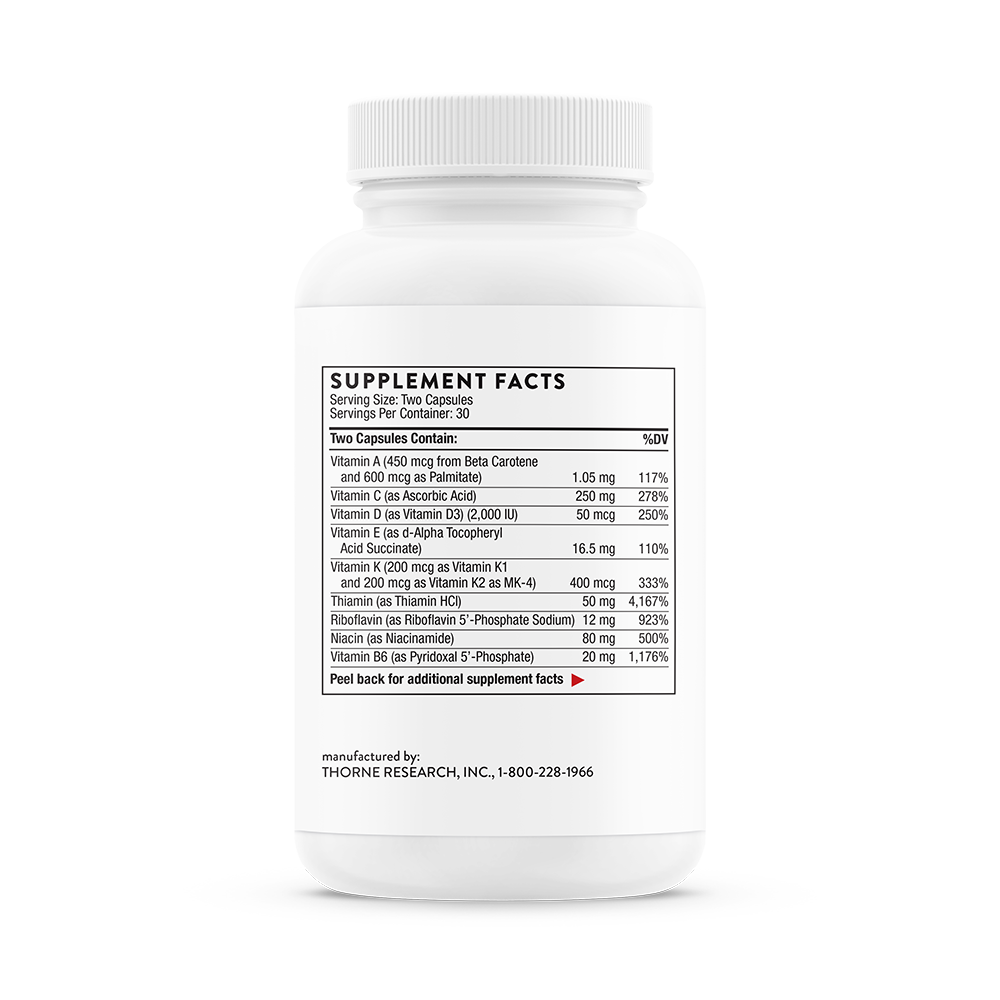 Thorne Basic Nutrients 2/Day bottle, back label with supplement facts