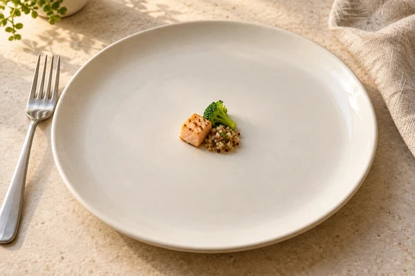 A comically tiny meal on an oversized plate illustrates low appetite, not a recommended portion