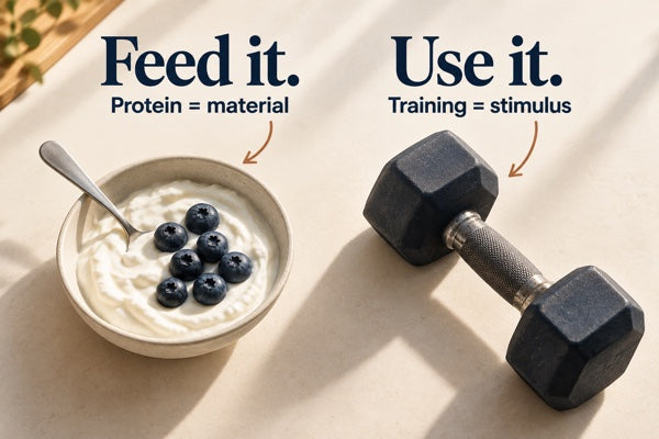 Feed it. Use it. Greek yogurt illustrates protein as building material; a dumbbell illustrates resistance training as the stimulus.